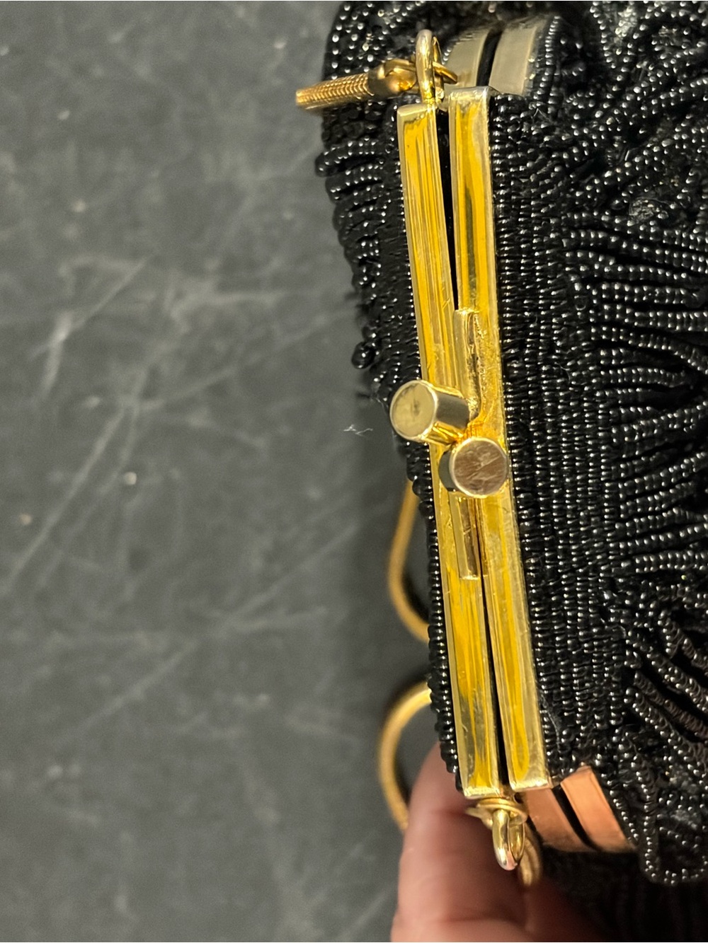 Vintage-Inspired Black Beaded Fringe Evening Bag with Gold Frame - Picture 2 of 4